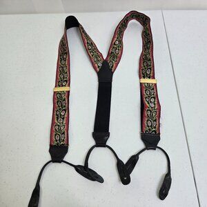Thurston London Suspenders Peacock Feathers Pink Black Woven Vtg Leather Button